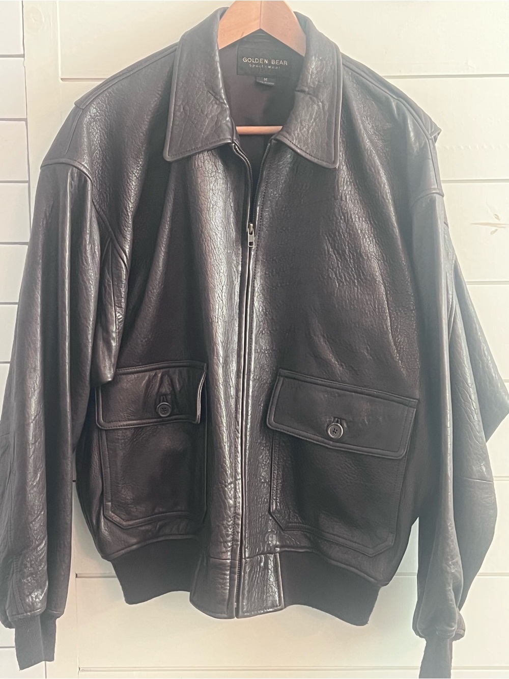 Golden Bear Men's Brown Luxury Leather Bomber Jacket Dark Academia Collegiate